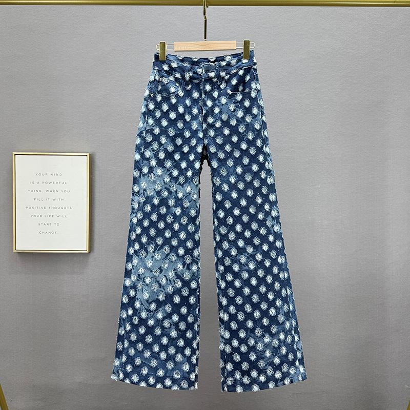 European station spring new jacquard hot diamond denim wide-leg pants women's high waist loose and thin extended floor pants