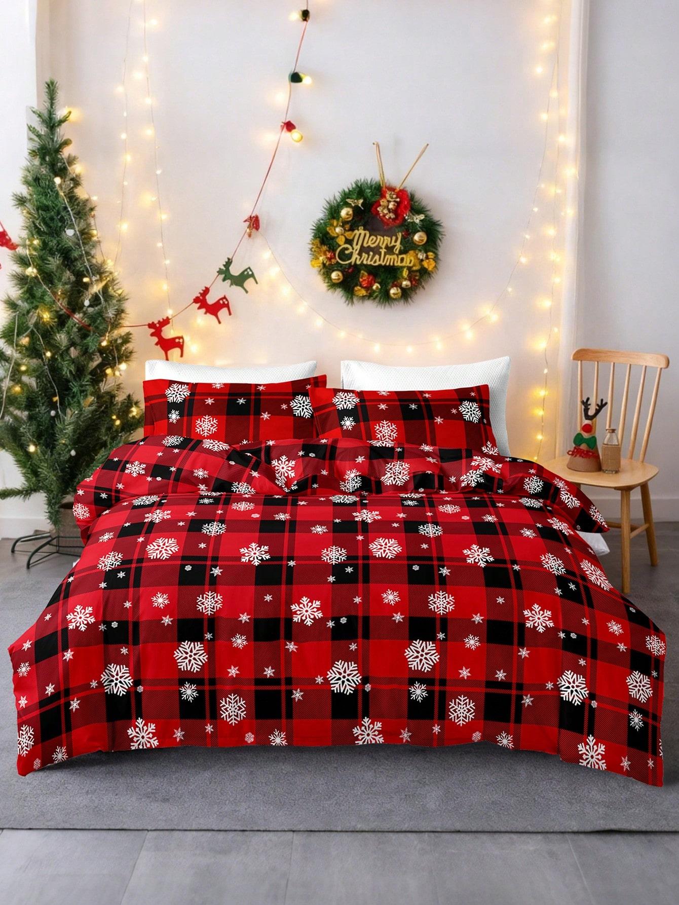 

3pcs/Set Christmas Red Grid Santa Claus Snowflake Print Duvet Cover Set(1 Duvet Cover & 2 Pillowcase)Soft And Skin-Friendly EU Twin(135x200cm)
