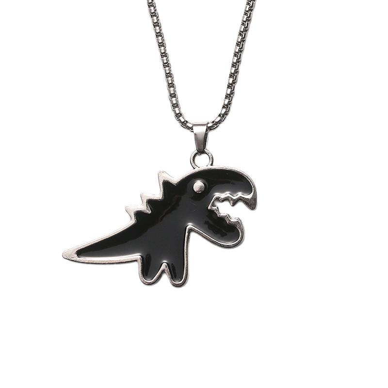 Black & White Dinosaur Pendant Oil Drip Necklace - Fade-resistant Cute Animal Sweater Chain for Couples (Unisex, Fall/Winter).