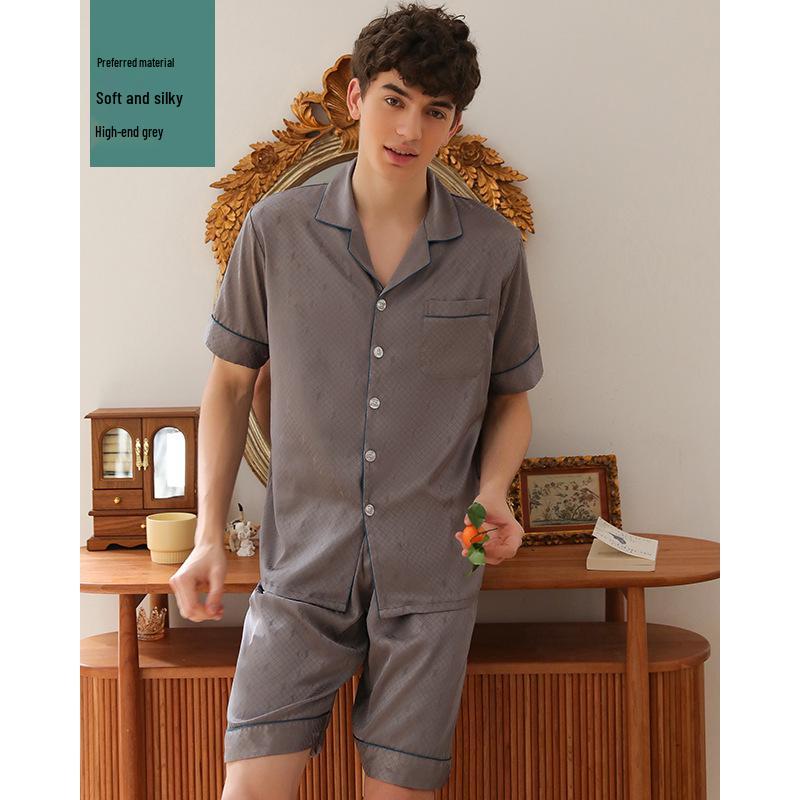Dream Silk Brocade Summer Ice Silk Pajama Set: Unisex Short Sleeve Two-Piece with Loose Grid Pattern