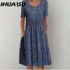 IHUASU 30 Color Pleated Midi Dress Short Sleeve Round Neck Loose Hem Mid-Calf Length Women Floral A-Line Party Dress Casual Wear