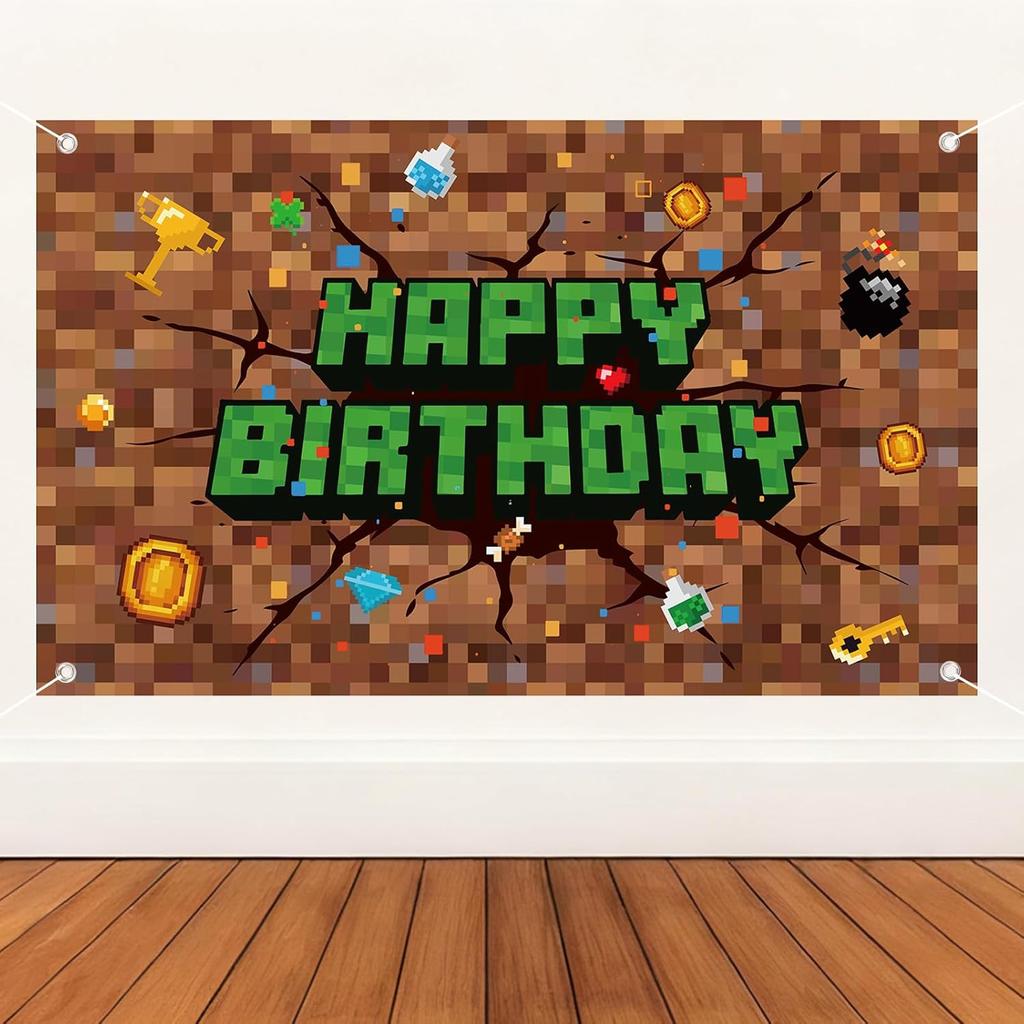 Pixel Birthday Decorations, 5x3 ft Happy Birthday Banner Backdrop for Miner TNT & Pixel Themed Celebration Kids Boys Game Party Supplies