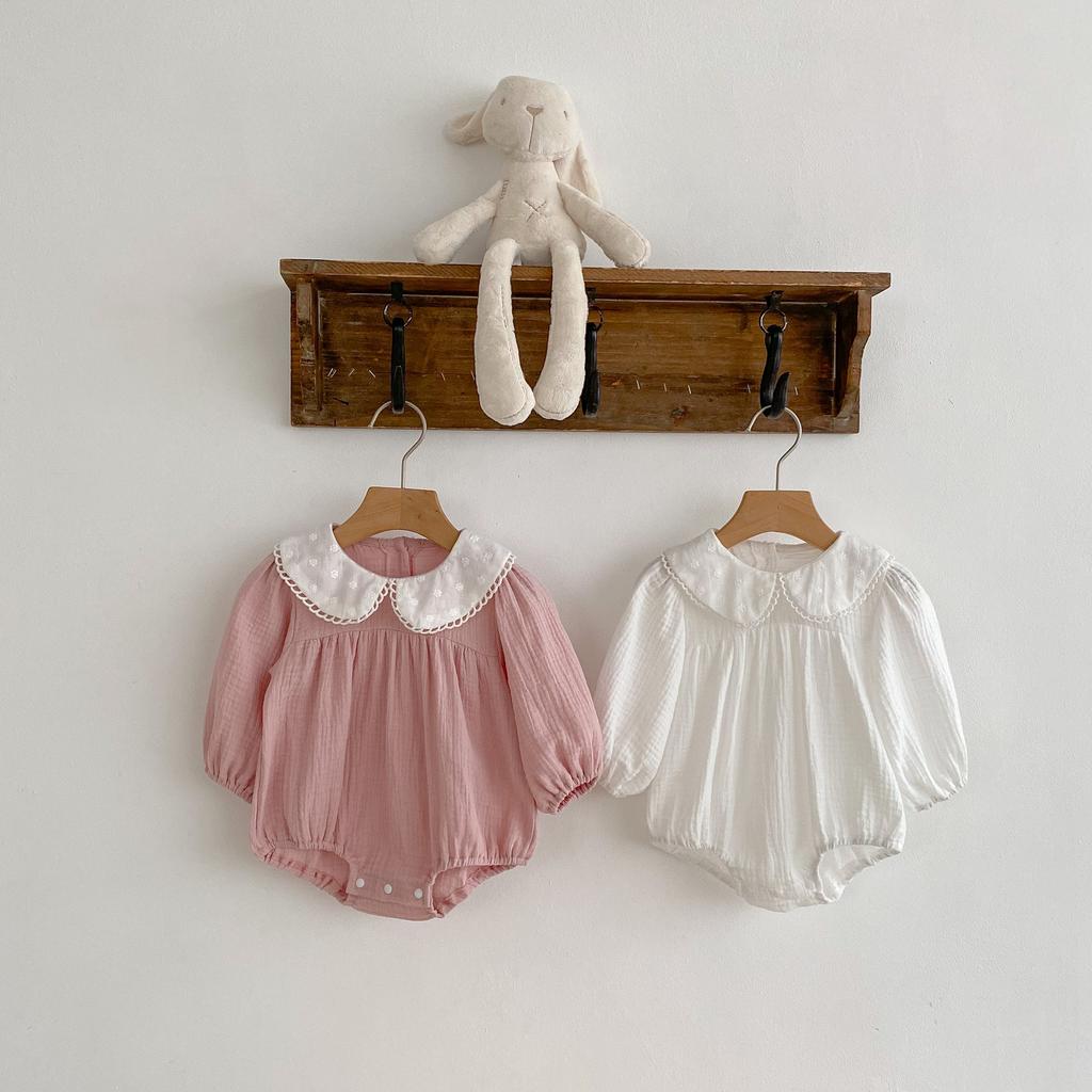 Baby Girl Solid Long Sleeve Romper with Peter Pan Collar for Spring Autumn