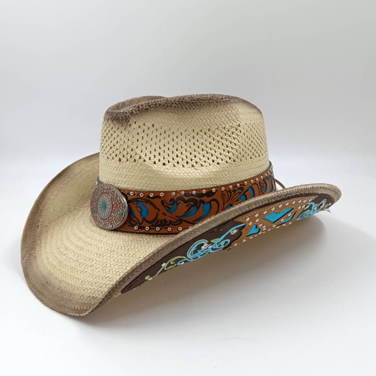 

Western-style straw cowboy hat for men with turquoise decorative buckle wide-brimmed sun hat summer beach cowboy hat for women S56-58cm
