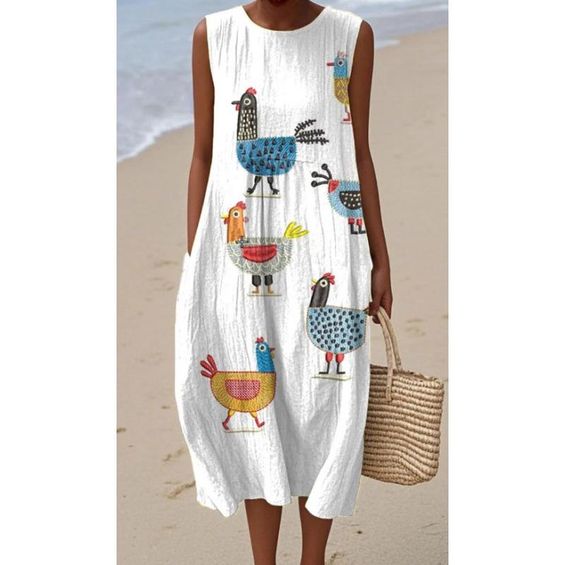 Summer new sleeveless pocket casual printing temperament long dress dress slim dress