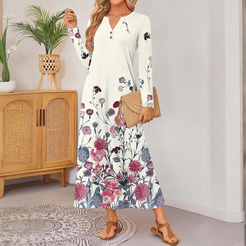 women retro printed long-sleeved comfortable loose dress, elegant dress