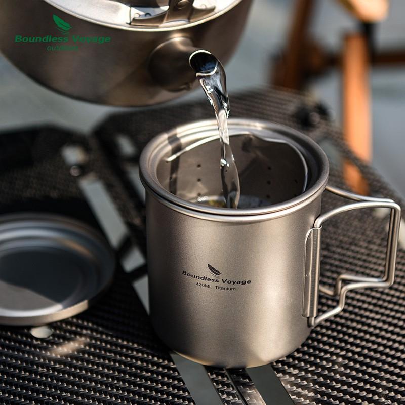 Pure Titanium Travel Tea Mug With Filter Folding Handle 420ml Portable Single Layer Infuser Cup Camping Hiking Outdoor Use