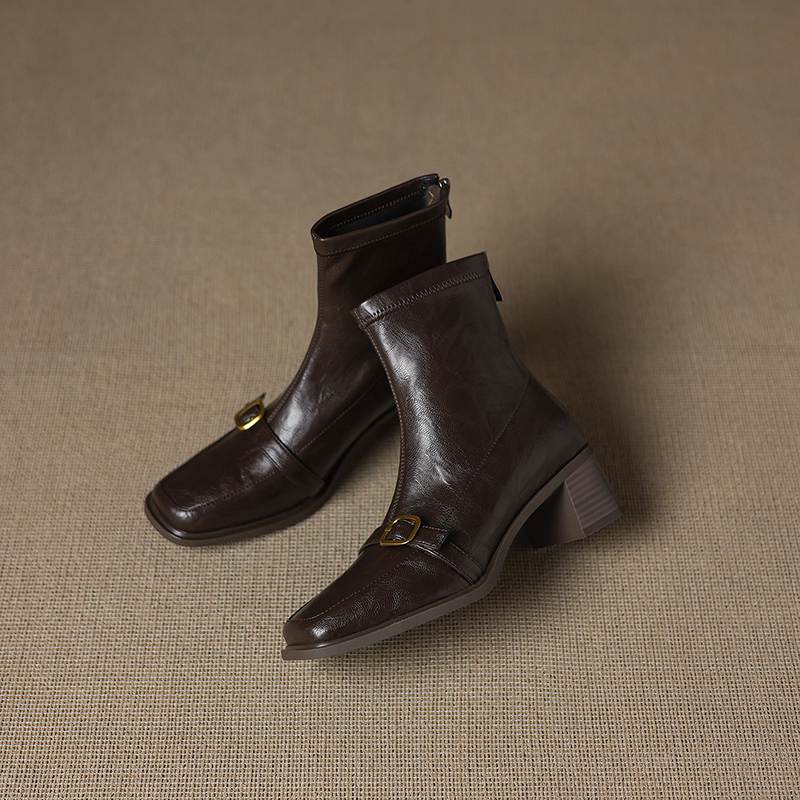 Krazing Pot Microfiber Square Toe Thick Heels Chelsea Boots Size 42 Zip Women Metal Buckle Elastic Ankle Boots