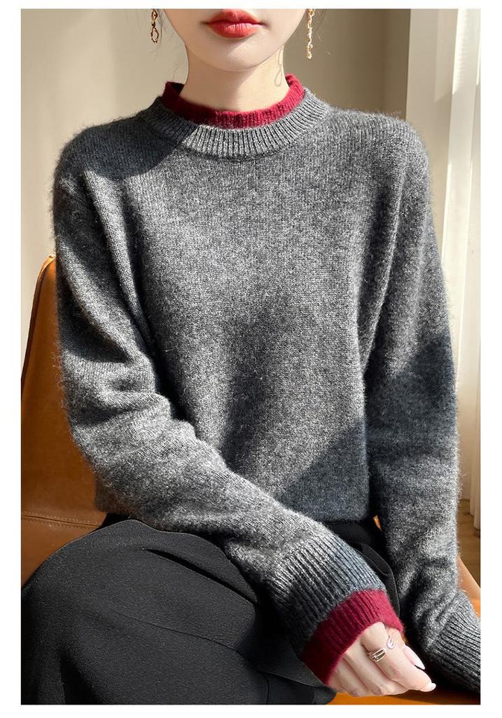Women's 100% Pure Wool Cashmere Sweater - New Autumn/Winter Color Block Knit Base Layer