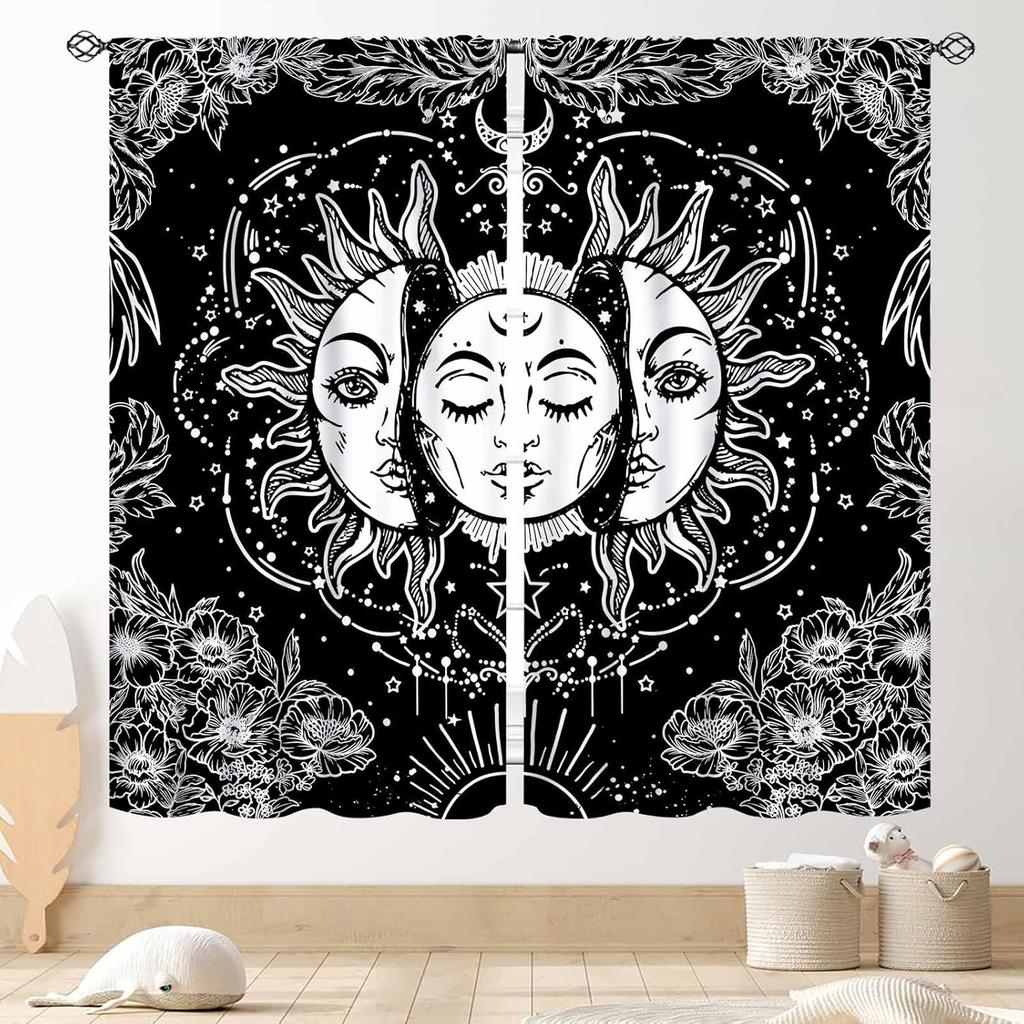 Wild Floral Moon Curtains, Boho Vintage Moon Phase Botanical Mid Century Moonlit Plants Aesthetic Spring Flower Blackout Window