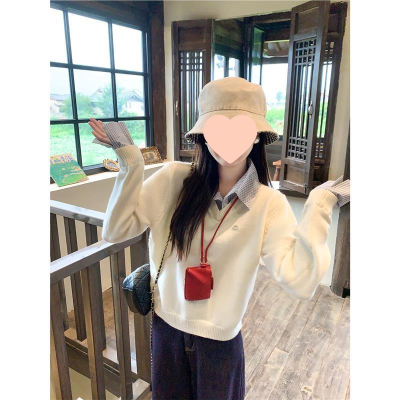 Zeng Xiaoxian Women s Korean Style Two-Piece Lapel Sweater Patchwork Long Sleeve Knit Top Small грязно-белый