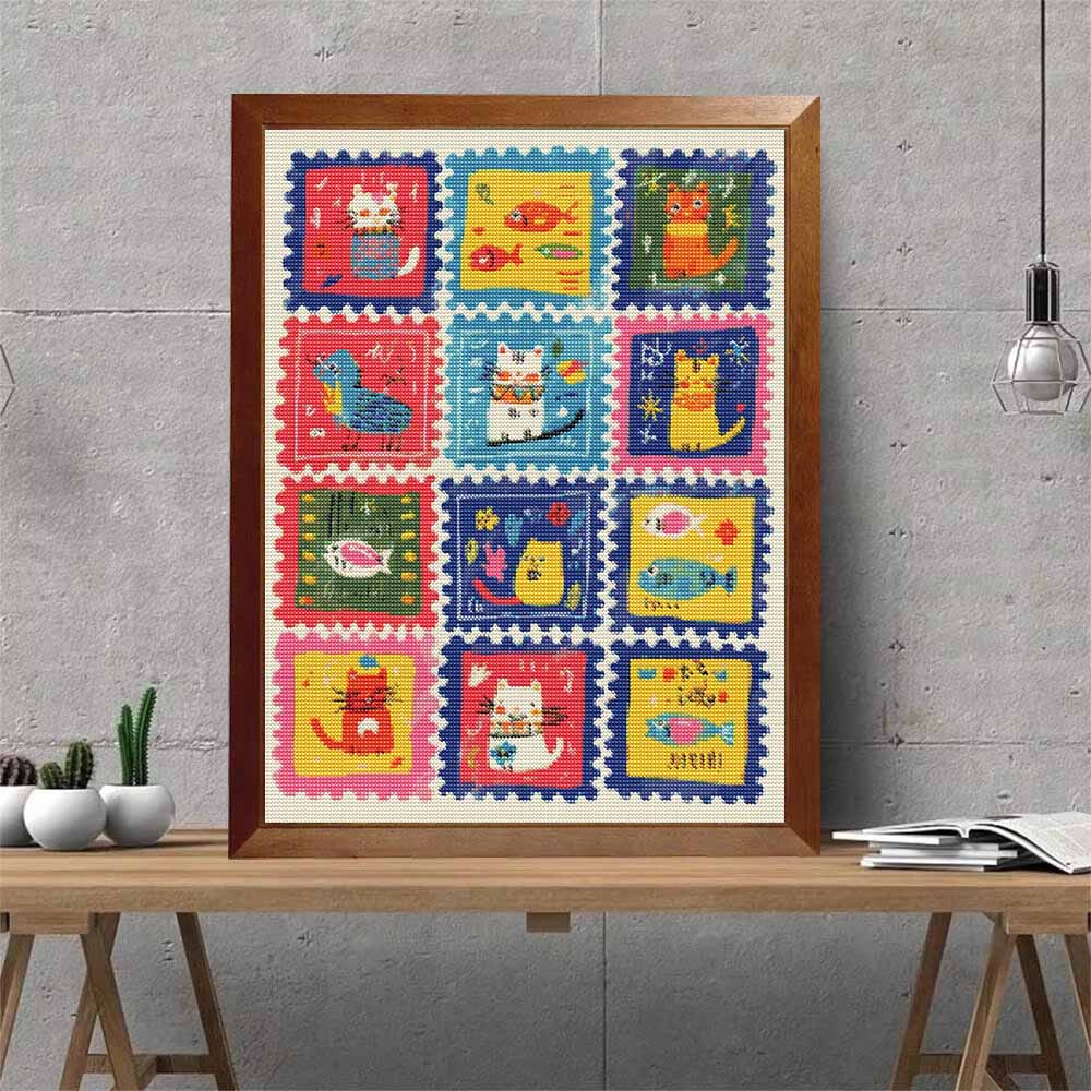 Vollbohrer Diamantmalerei Set Niedliche Katzen und Fische Stempelmuster DIY Kreatives Bastel-Leinwand für Heimdekoration Wandkunst Hobby Geschenkidee