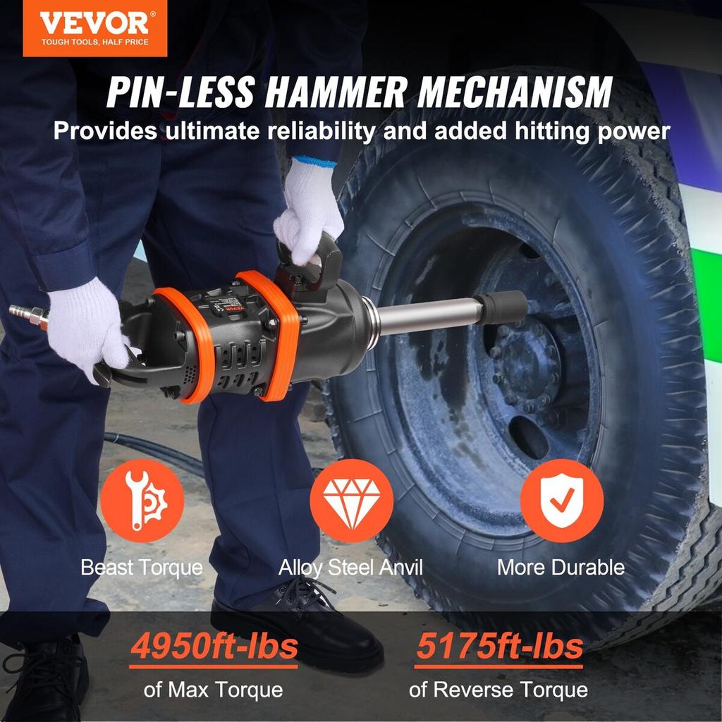 2.5 cm Air Impact Wrench, Up to 7016.37 N·m Beast Reverse Torque Output Pneumatic Impact Gun w/ 20cm Extended Anvil for Repairs and Maintenance of
