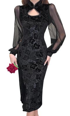 YONGO Slim Fit Tulle Dress with Sexy Cheongsam Dress for Hostesses and Party Wear Women's Cheongsam-Style Knee-Length Slits, (Size 6, Black)