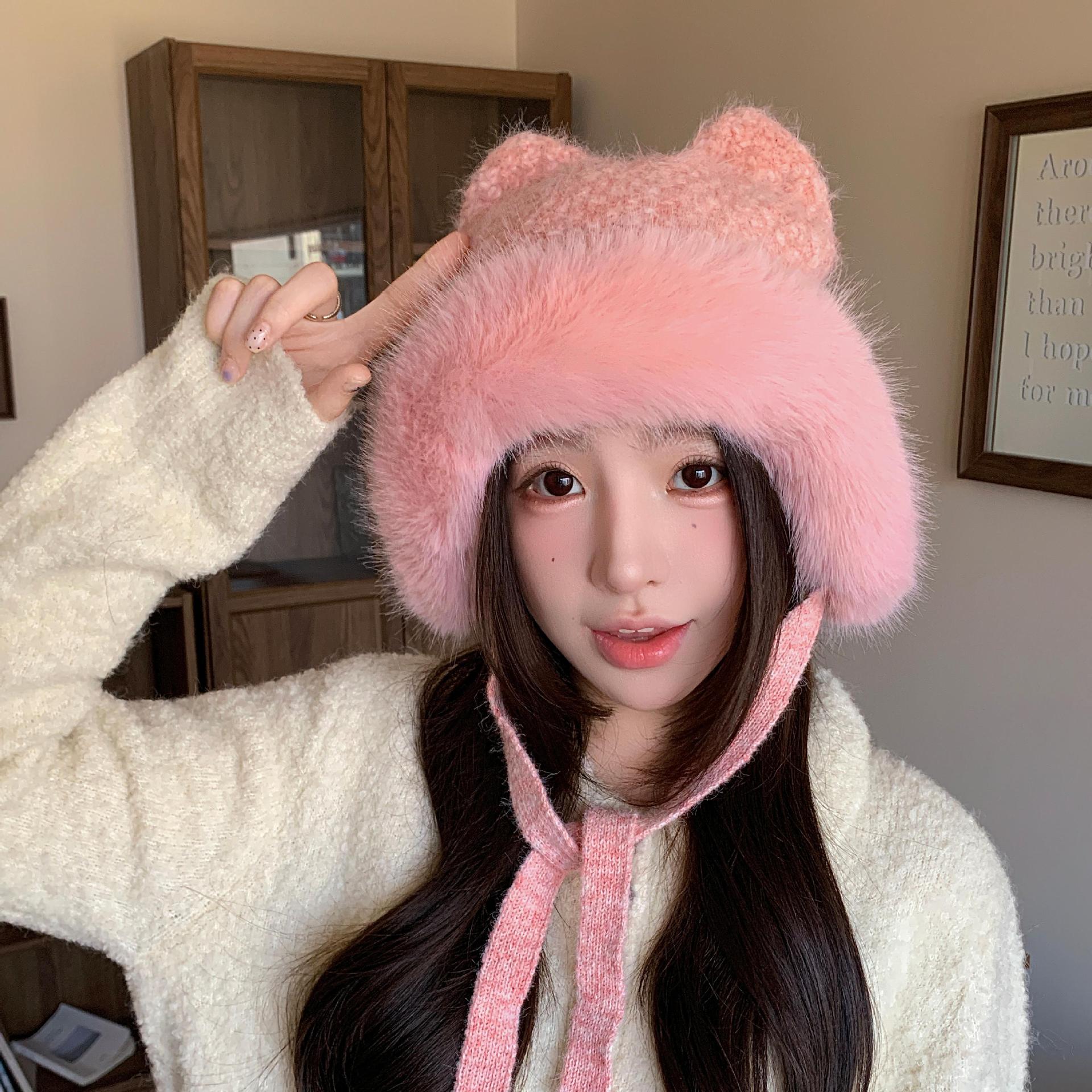 

New Plush Bear Hat Women s Autumn and Winter Cute Face Revealing Small Windproof Warm Ear Protection Versatile Pullover Hat one size