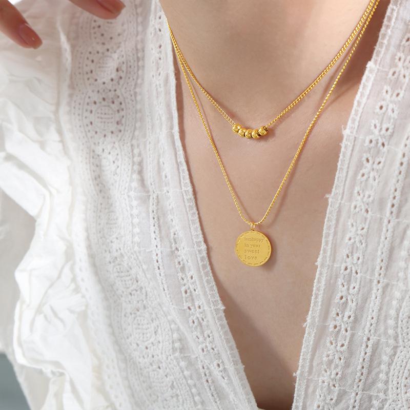 Double Chain Round Brand Pendant Necklace Titanium Steel West Queen Mother Retro Internet Celebrity Temperament Versatile Collarbone Chain Jewelry