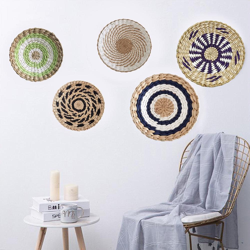 Boho Woven Wall Basket Decor Seagrass RusticNatural Round Wall Hanging Baskets for Bedroom Livingroom Home Wall Art Decoration