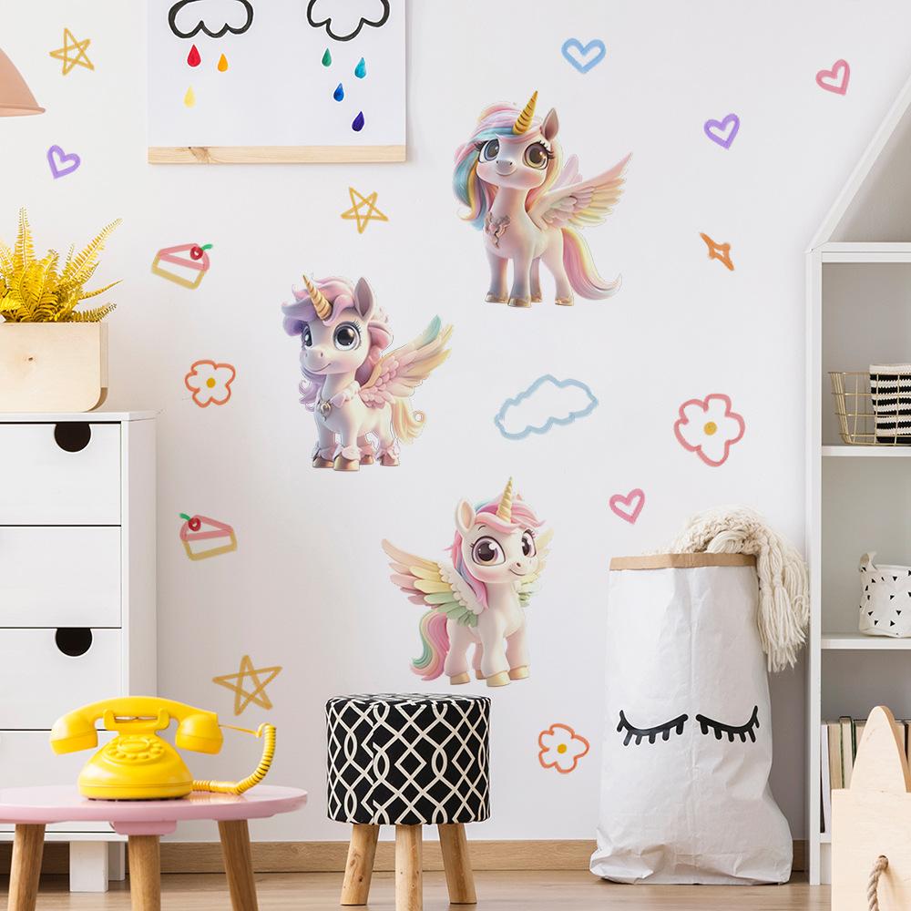 Cute Unicorn Cartoon Wall Sticker Kids Room Bedroom Wall Decoration Creative Self-Adhesive Wall Art