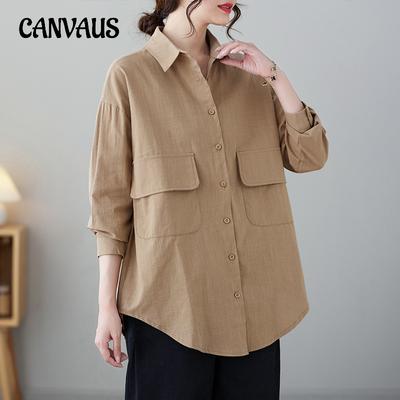 Spring and Autumn Women's Shirt Literary Retro Large Pocket Tops Plus Size Loose Casual Long Sleeve Shirt