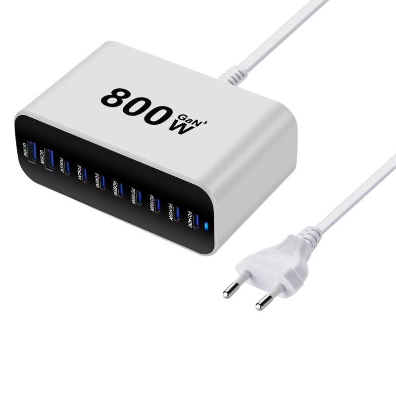 Intelligent Power Distribution 800W Charging Adapter 10 Port Design Metal Texture Suitable for Laptops and Phones