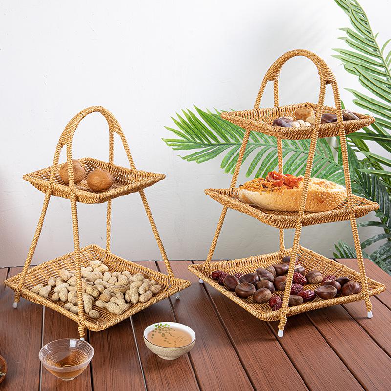 Rattan Style Multi Layer Fruit Basket Tea Snack Tray Home Storage Organizer