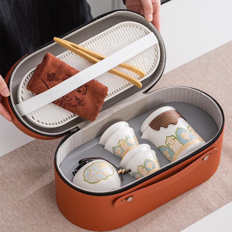 Guochao travel tea set outdoor portable high-end business one pot four cups tea tray set gift commemorative gift