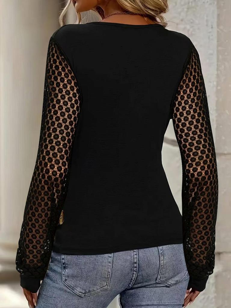 Women's Solid Color Patchwork Lace Lantern Sleeve Faux Button Loose Crossover Top