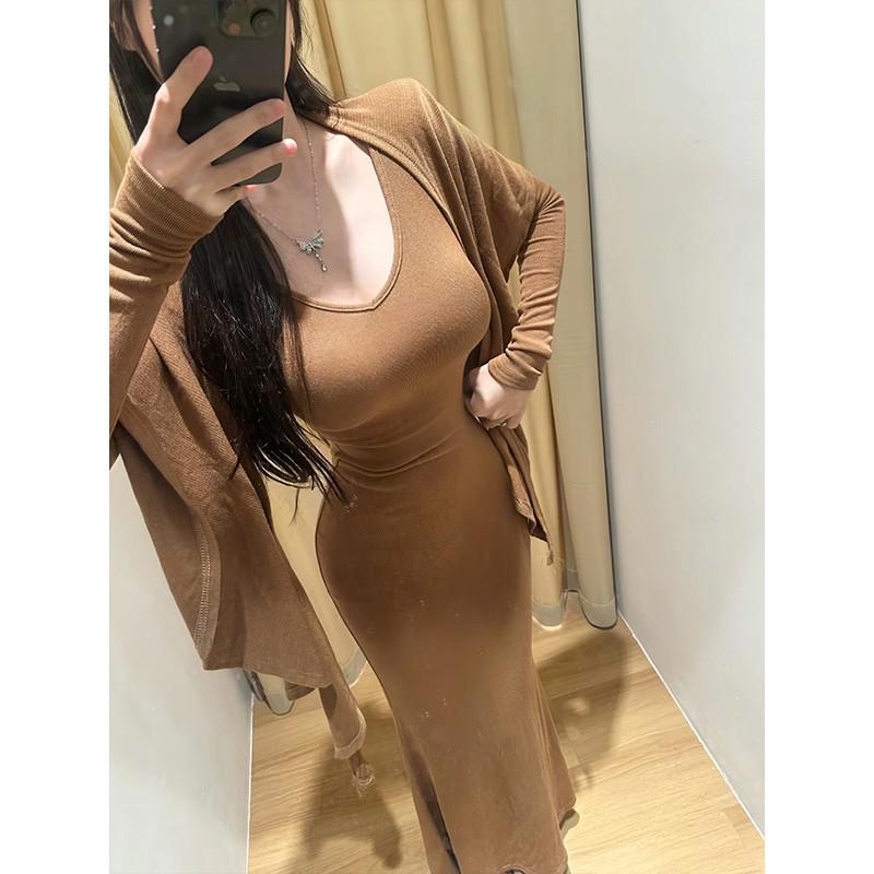 French Chic Khaki Sexy V-Neck Figure-Flattering Bodycon Maxi Dress XL