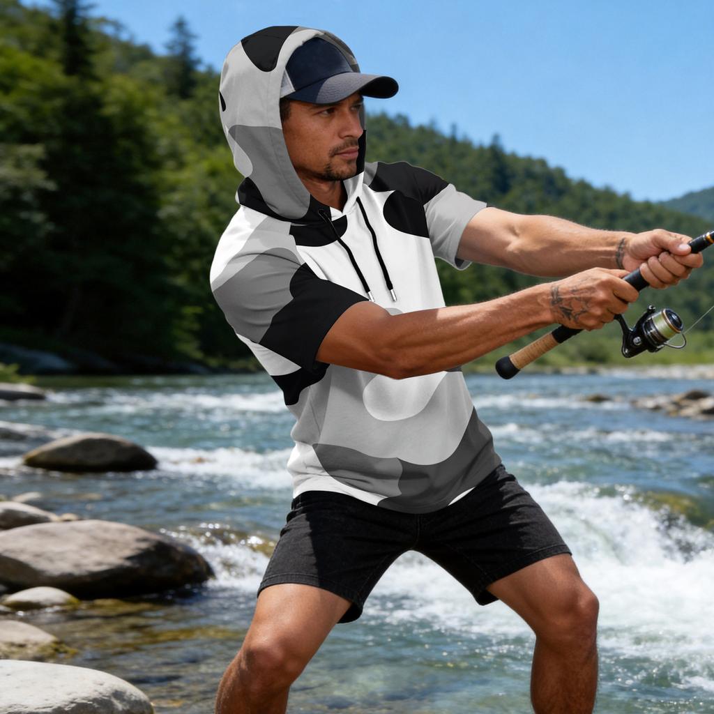 Men's Camouflage Print Raglan Sleeve Casual Sport Fishing Short Sleeve Hoodie Lightweight Breathable Outdoor Top