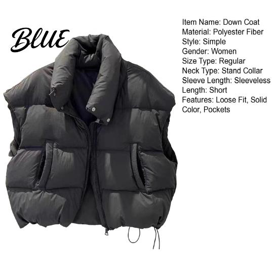 Simple Design Vest Waistcoat with Sleeveless Zipper Stand Collar Women Down Closure Winter Pockets Solid