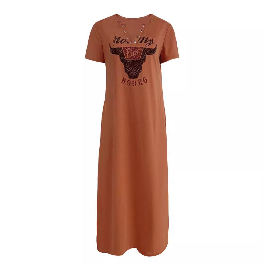 European and American new models, comfortable casual women's clothing, short-sleeved round neck retro bull's head letter color printed dress