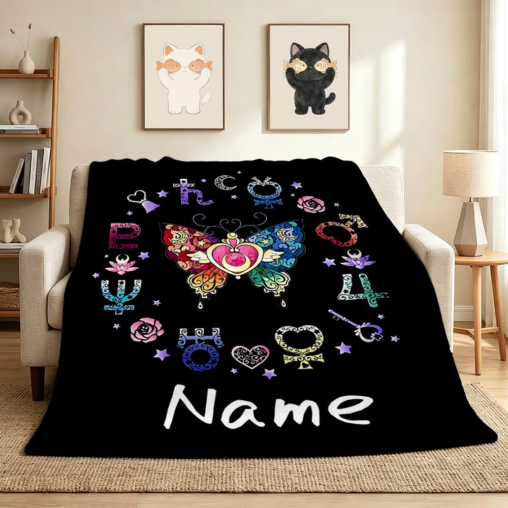 Custom Name Butterfly Symbols Flannel Blanket Throw Blanket Soft Warm Sofa Bed home Decor Unique Gift