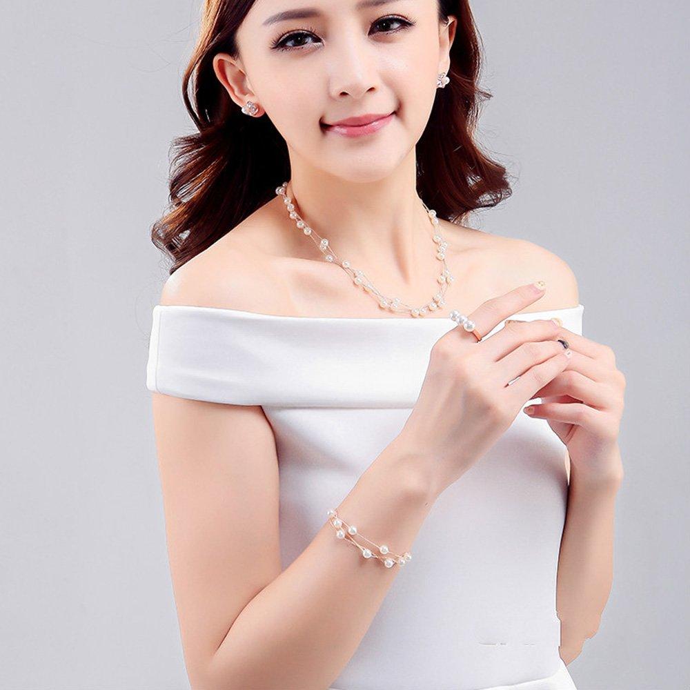[K.L.Y] Women's Pearl Necklace, 18K RGP, Triple Strand Station Necklace and Bracelet Set, Gift for Office, White Day (Pink Gold)