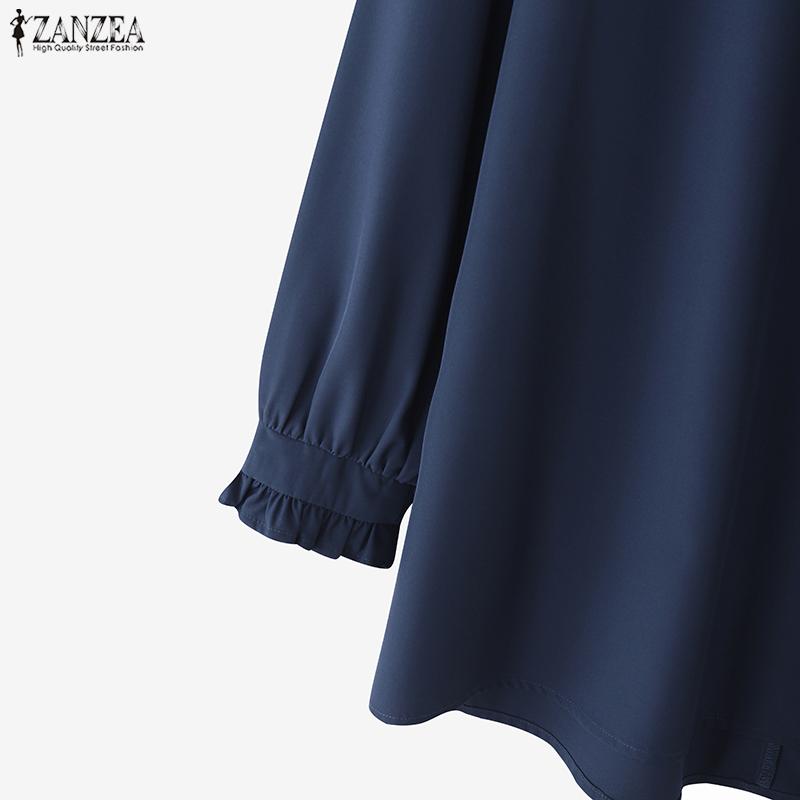 ZANZEA Dame Casual Rund Hals Ensfarget Løs Langermet Bluse