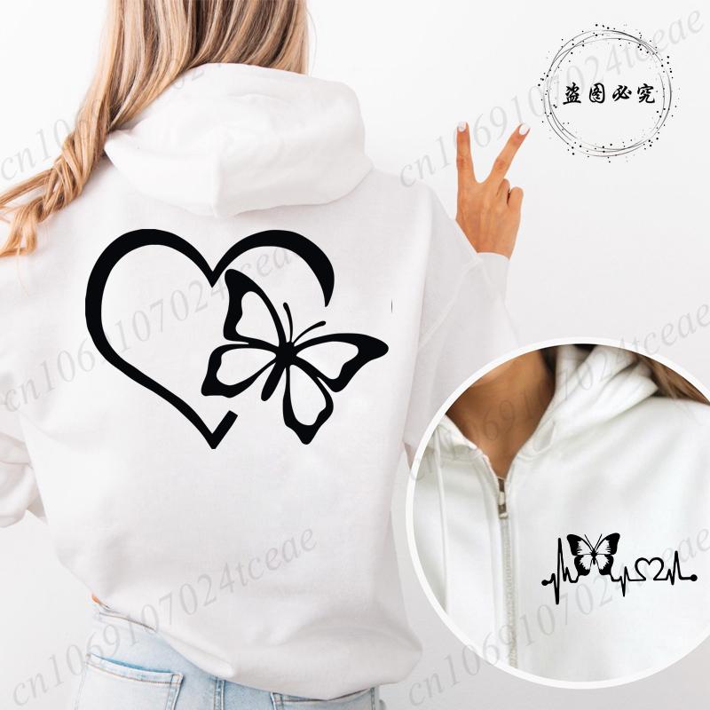 New Fashion Zipper Hooded Hoodie Clothes Butterfly Heart Printed Fashion Sweatshirts Casual Fashion Zip Up Jackets Coat Tops