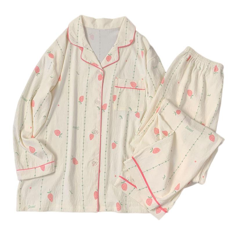 Frühlings- und Herbst-Pyjama Einfacher Stil Wolkenbaumwolle Langarmhose Erdbeerbedrucktes Hausanzug-Set Echte Aufnahme
