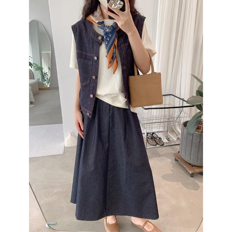 Frühling Herbst Vintage Rundhals Locker Lässig Denim Weste Damen Ärmellos Alleskönner Tasche Tanktop