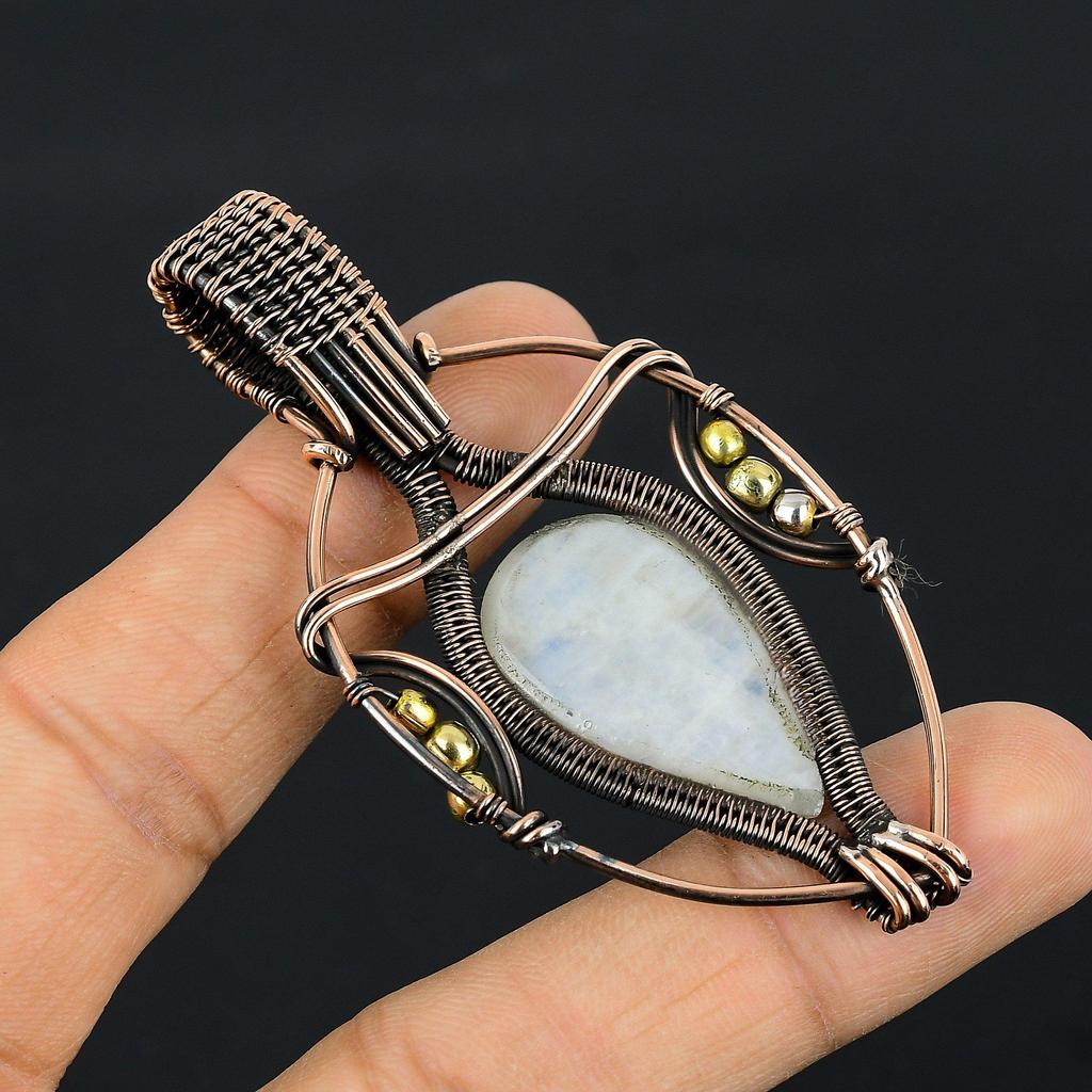 Moonstone 999 Copper Wire Wrapped Pendant, Handmade Gemstone Pendant, Gift For Mom Antique Jewelry