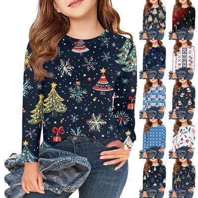 Weihnachtstag Mädchen Langarm T-Shirts Kinder Herbst Oberteile Rundhalsausschnitt Bedruckte Basic T-Shirts