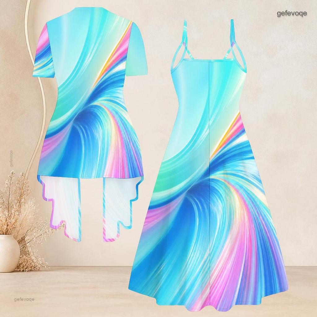 Women Plus Size Colorful Printed Two Piece Set V Neck Strappy Flared Dress Short Sleeve Open Front Cardigan