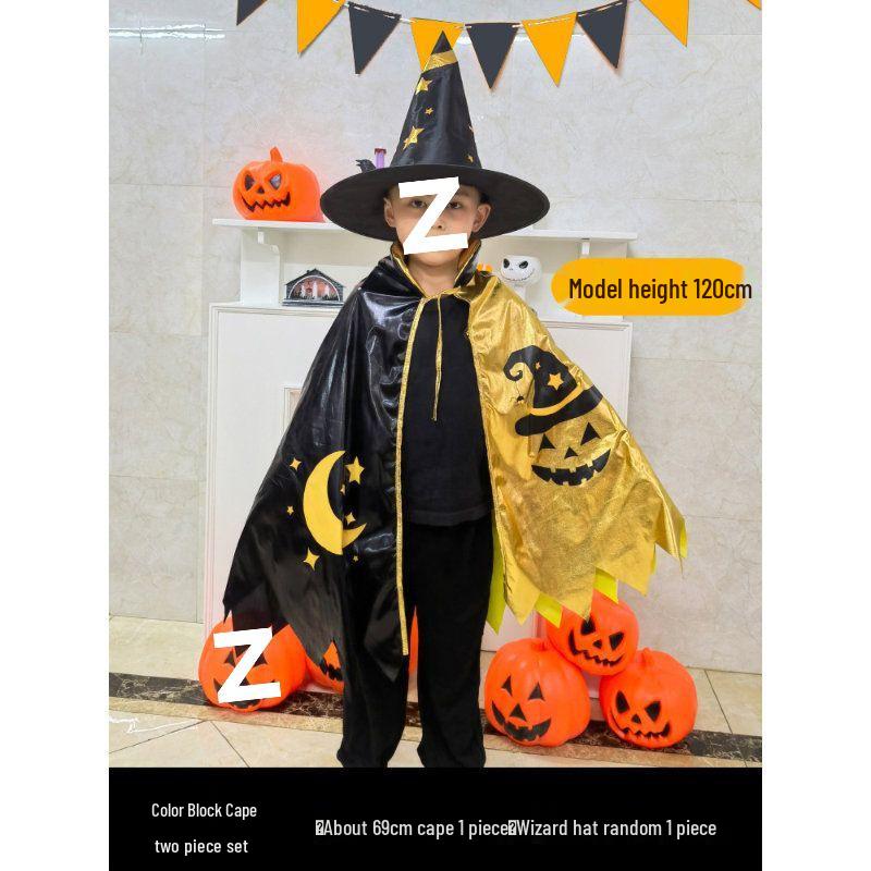 

Детский Хэллоуинский плащ тыквы черного и золотого цвета со шляпой волшебника - Костюм для родителя и ребенка Default