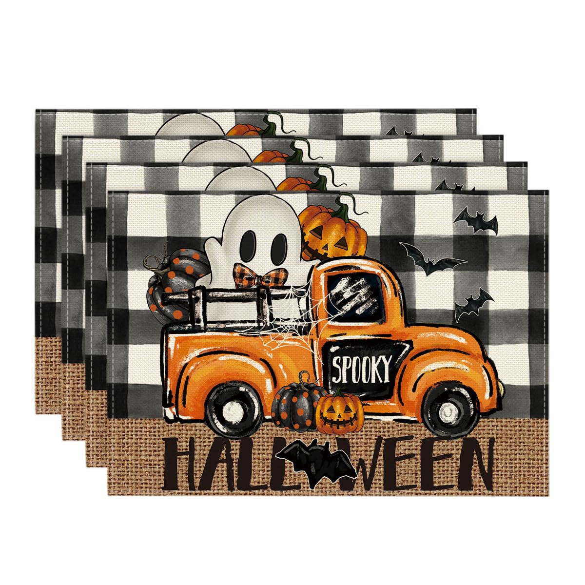 

Buffalo Plaid Bat Ghost Truck Spooky Halloween Placemats Set of 6, 12x18 Inch Seasonal Table Mats for Party Kitchen Dining Decoration 12 x 18 , Rectangular 4 Pcs