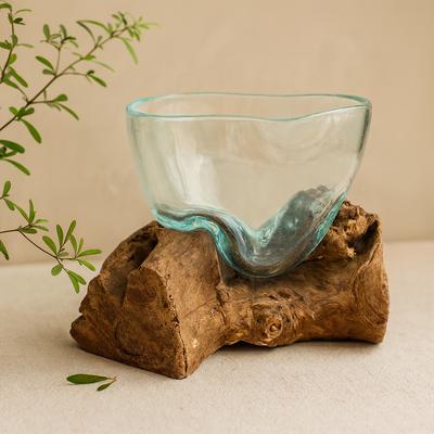 Molten Glass Bowl On Wood Base