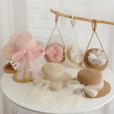 2pcs Set Girls Straw Hat Shoulder Bag Kids Summer Holiday Fisherman Hats Baby Princess Lace Pearl Bowknot Beach Straw Sun Cap