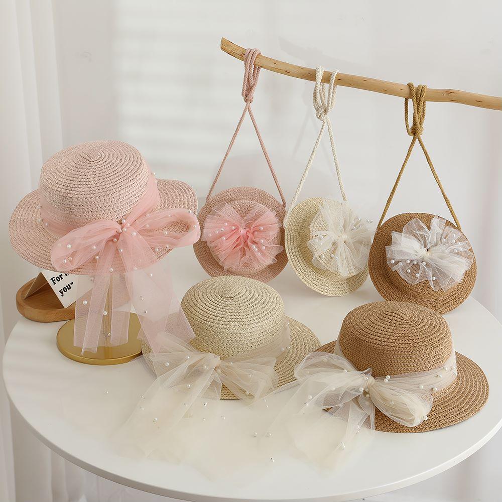 2pcs Set Girls Straw Hat Shoulder Bag Kids Summer Holiday Fisherman Hats Baby Princess Lace Pearl Bowknot Beach Straw Sun Cap