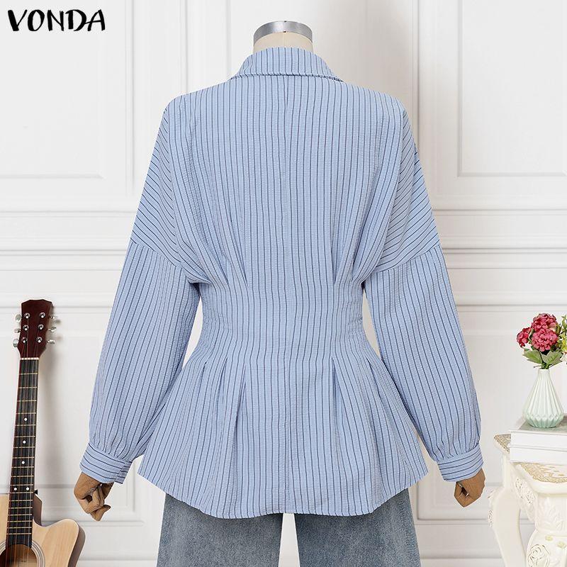 VONDA Women Turn Down Collar Long Sleeve Striped Print Slim Waist Casual Blouse Shirts