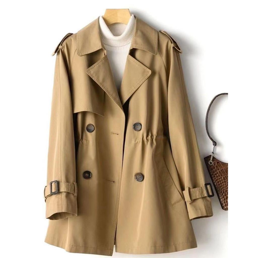 Women's Casual Lapel Double-breasted Windbreaker Jacket Long-sleeved Solid Color Jacket