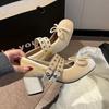 Mary Jane Single Shoes Spring New Round Head Shallow Mouth Suede Bow Rivets Line with Non-slip Thick Heel Shoes