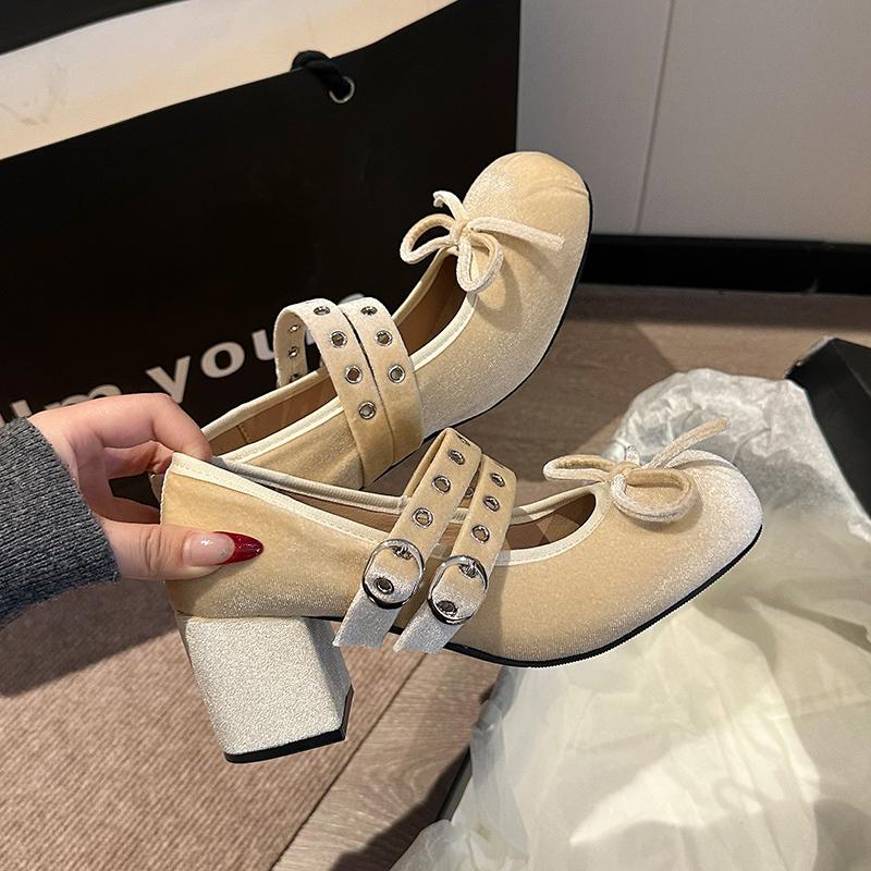 Mary Jane Single Shoes Spring New Round Head Shallow Mouth Suede Bow Rivets Line with Non-slip Thick Heel Shoes