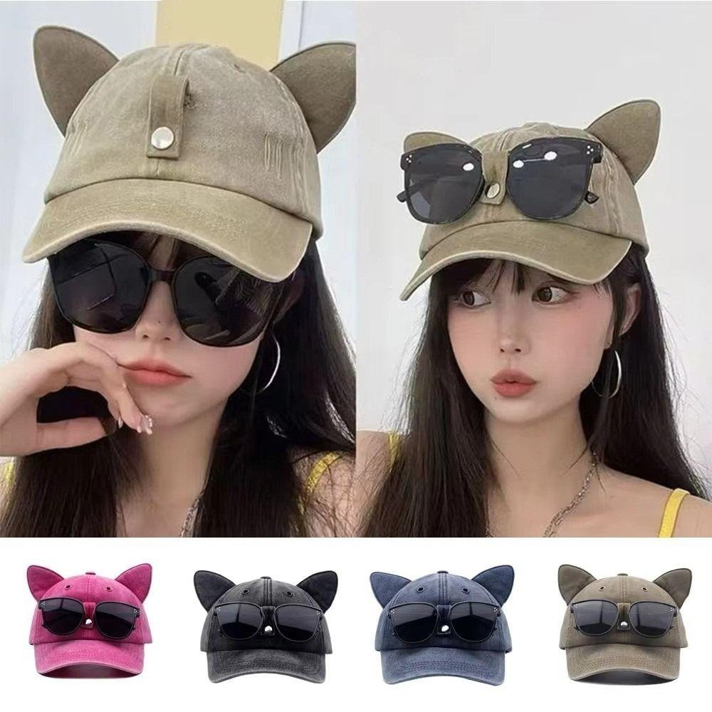 Cute Cat Ears Baseball Cap Breathable Duck Tongue Cap Fashion Sunshade Cap with Sunglasses  Travel